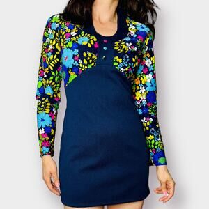 Vintage 70s Navy and Floral Mini‎ Dress